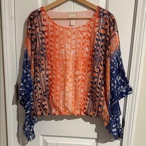 Chico’s Sheer Orange and Navy Patterned Women's Top